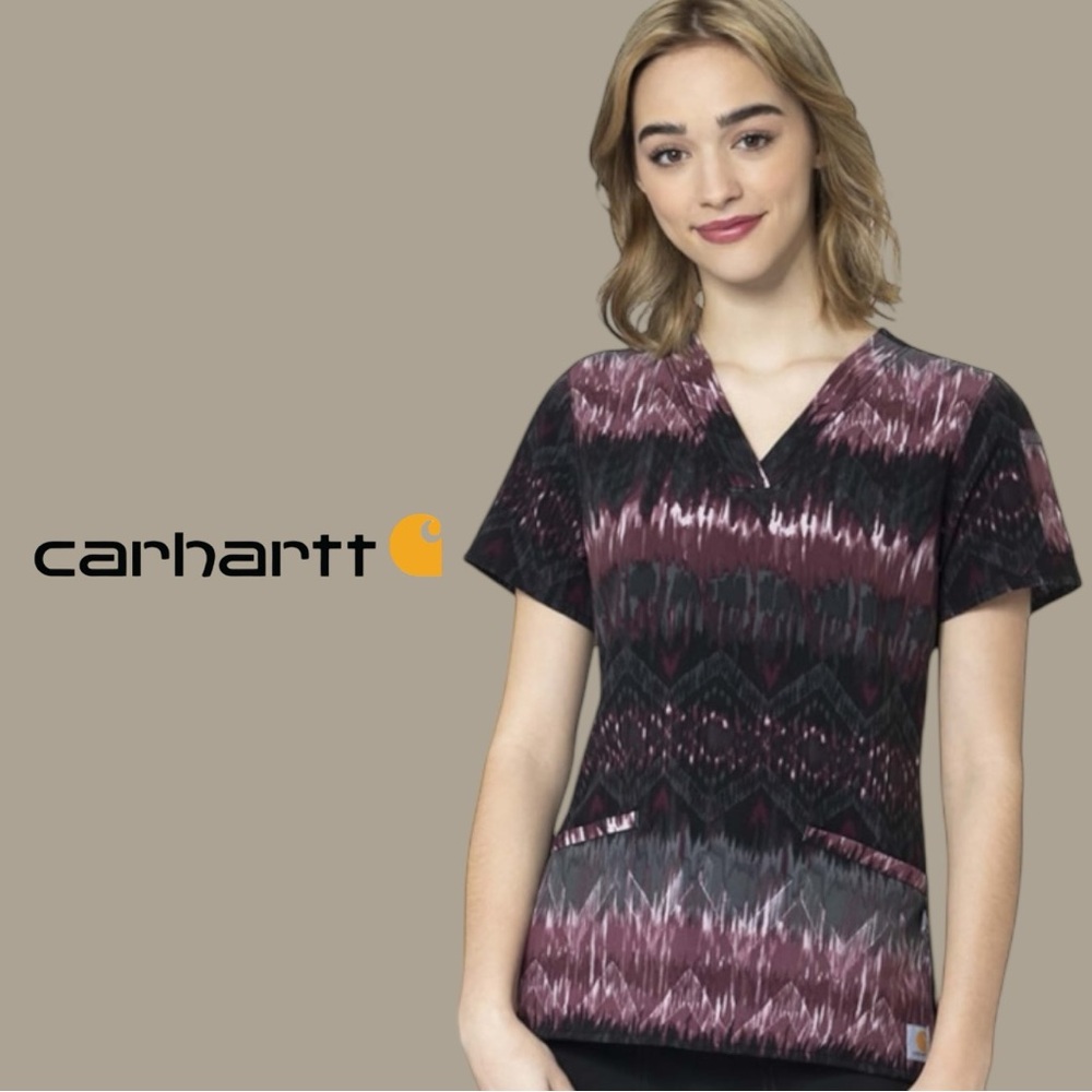 Carhartt Women’s Scrub Top Medium Burgundy Black Print Medical Nurse